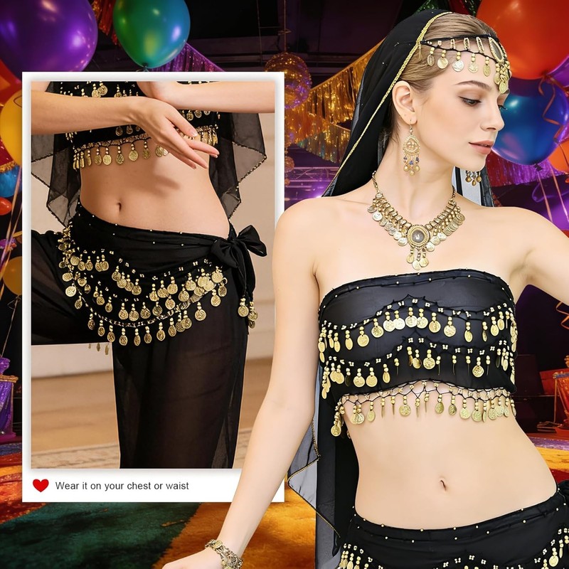 Women's Tie Waist Belly Dance Coin Skirt Wrap 128 Coins Belly Dance Costume gallery