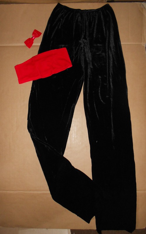 BLACK VELVET Spandex STRAIGHT LEG JAZZ PANTS RED CUMBERBUN BOW TIE DANCE GIRLS
