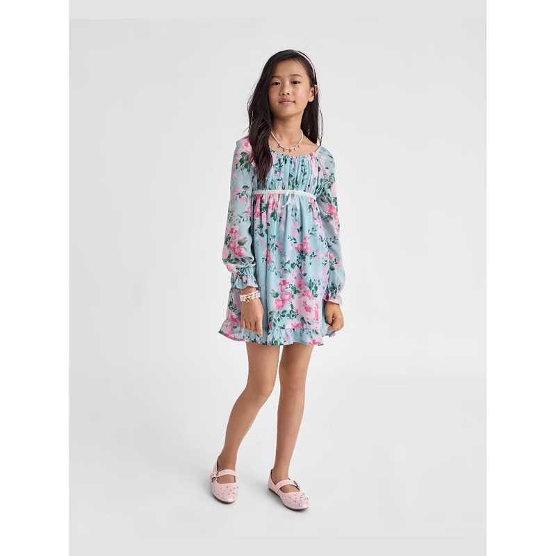 The Children Place Girls Long Sleeve Floral Chiffon Babydoll Dress Blue M