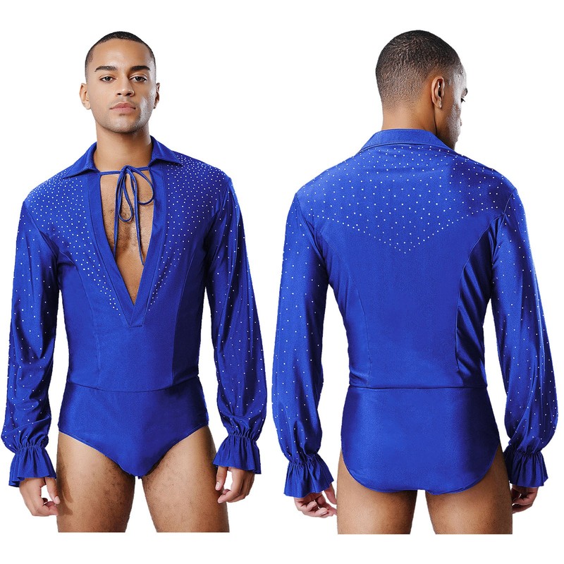 US Mens Sparkly Latin Dance Leotard Deep V-neck Long Sleeve Rhinestone Rumba