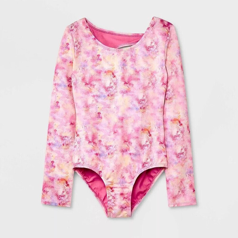 Girls’ Gymnastics Dance Ballet Long Sleeve Tie-Dye Pull-On Leotard Pink M, L, XL