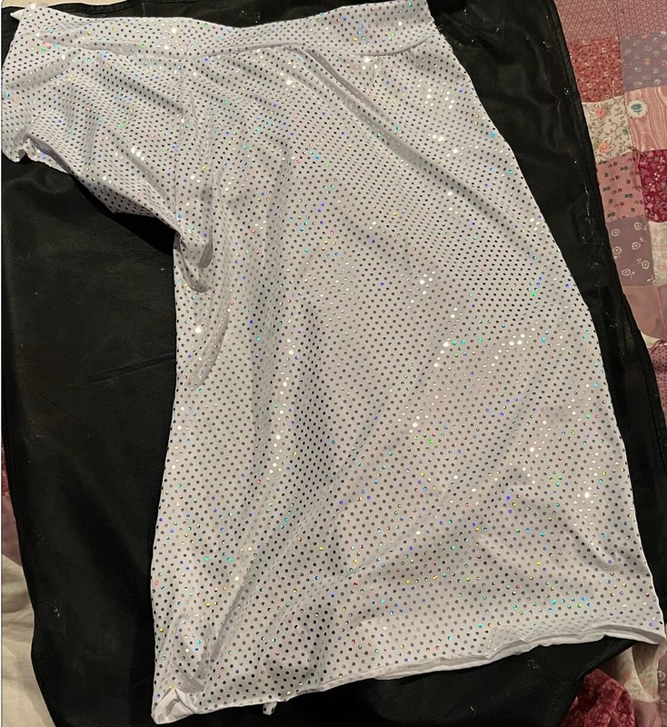 Natalie Dancewear White Off-Balance (1/2 long/1/2 short) Skirt – Silver Dots – S