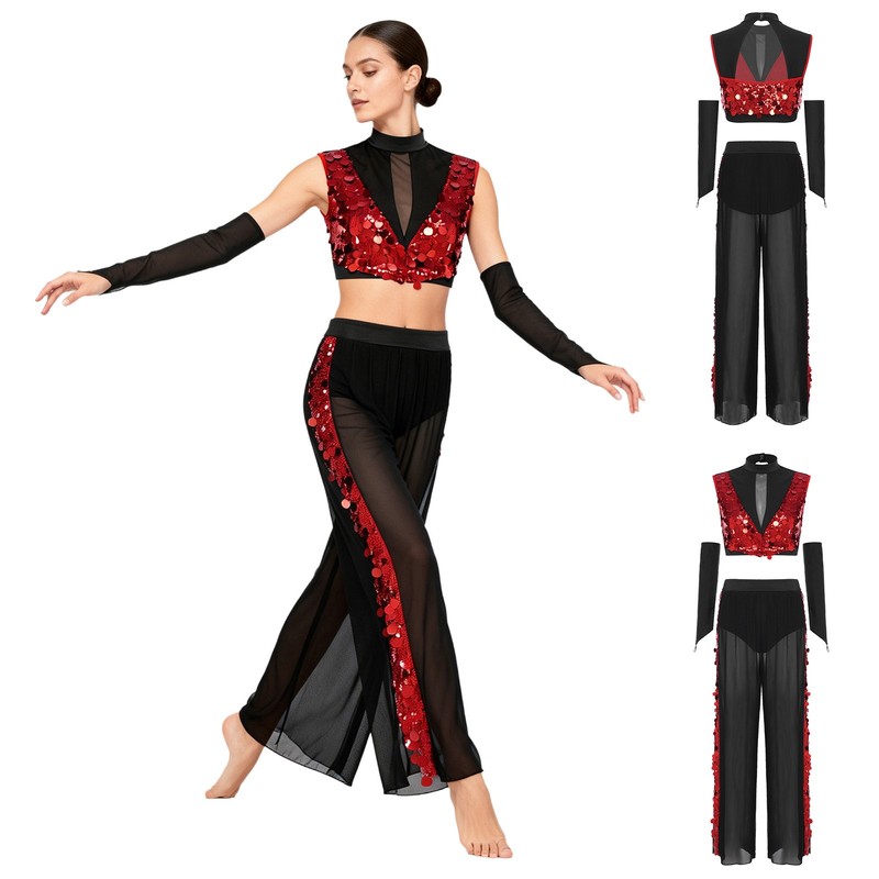Women Dancewear Jazz Set Latin Dance Outfits Wide Leg Pants Glitter Training