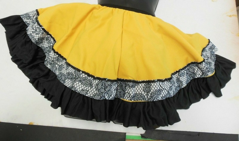 Country Western Dance Flag Gold Ruffled Black White Lace Print Skirt Child