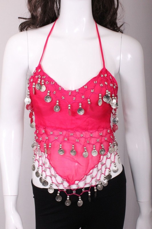 SEXY BELLY DANCING BRA DARK PINK W/ SILVER BEADS & DANGLING COIN REPLICAS BNIB