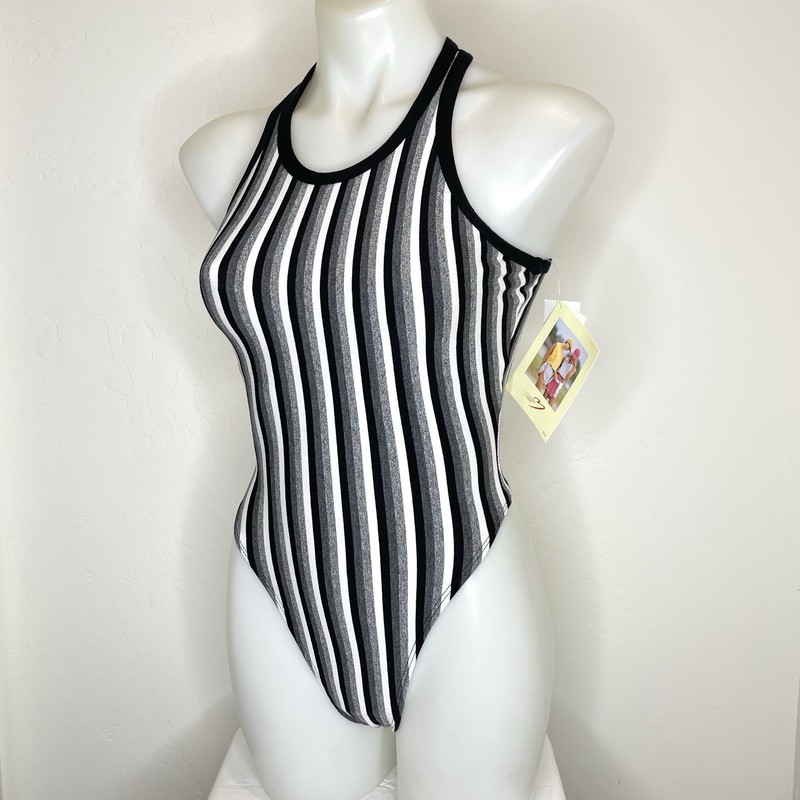 Vintage Marika 80’s Thong Workout Leotard Black Striped Zip Up Womens Medium gallery