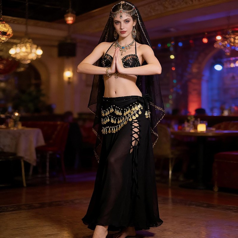 Women's Tie Waist Belly Dance Coin Skirt Wrap 128 Coins Belly Dance Costume gallery