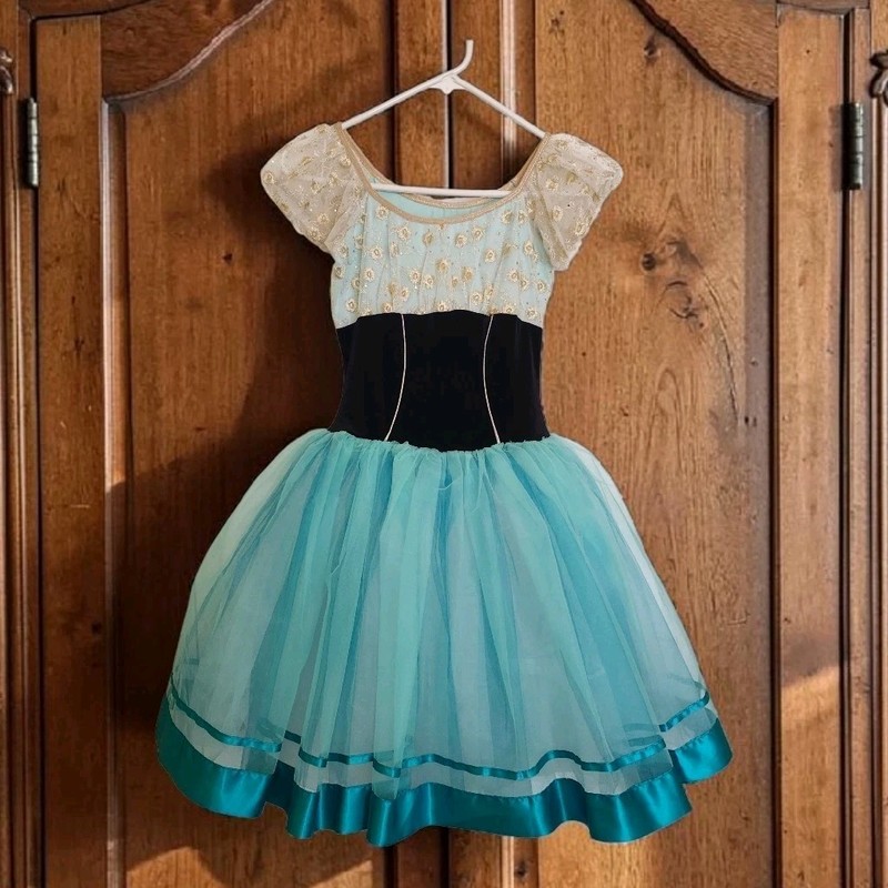 SA Ballet Dress Dance Costume Black Velvet, Mint Tulle Gold Thread Satin Sequins