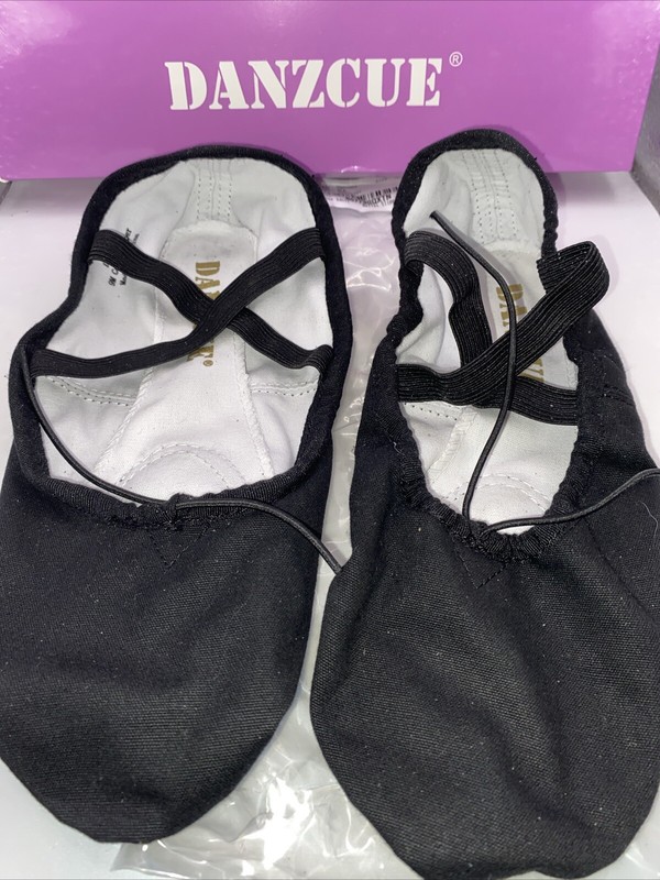 NIB Danzcue Black Canvas Split Sole Ballet Slipper, Elastic Cross Straps, 9M