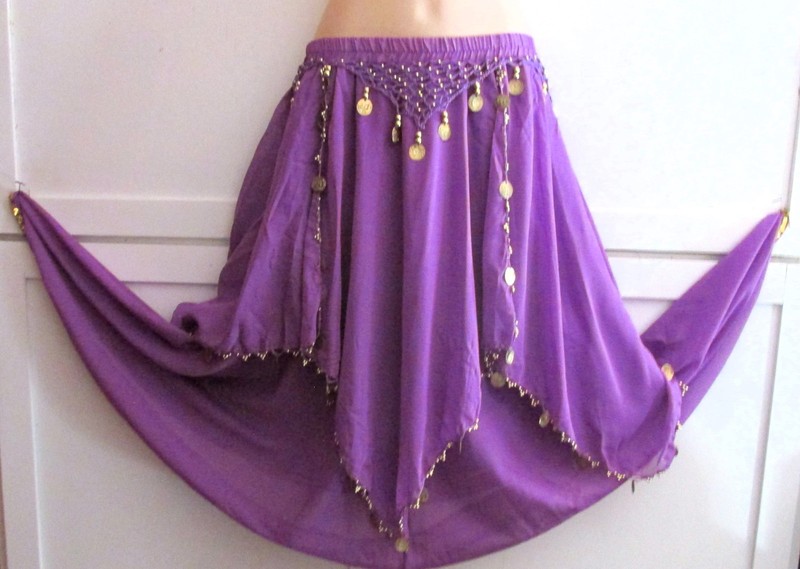 Belly Dance Purple Costume Asymm. Skirt- Crocheted Gold Beads & Coins- 35″ X 33″