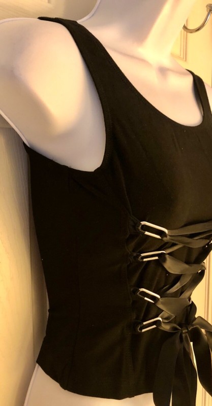 GK JAZZ DANCE ADULT SMALL BLACK TOP RIBBON CRISSCROSS METAL RINGS TANK TOP AS gallery