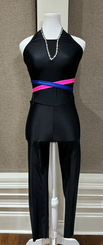 COMPLETELY CUSTOM BLACK UNITARD WITH BRIGHT BLUE AND PINK STRAPS IN AXS
