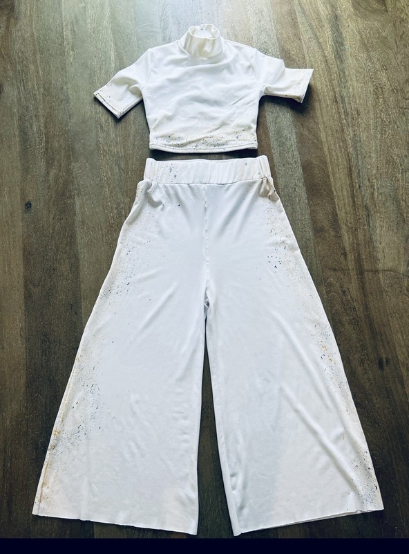White Multicolor Splatter Knit Crop Top & Wide-Leg Pants Set, Mock Neck, Casual