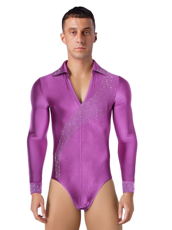 US Men Latin Dance Leotard Shiny Bodysuit Cha Cha Salsa Tango Ballroom Dancewear