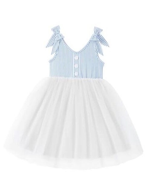 Toddler Girls Tutu Dress Bow Shoulder Tulle 5-6 Years Blue White Striped