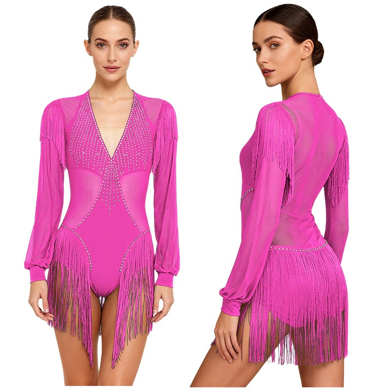 Womens Leotard Performance Jumpsuit Salsa Dress Figure Skating Dancewear Tassel
