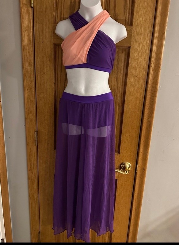 THE LINE UP STARFIRE BRA TOP MESH GAUCHO PANTS PURPLE PEACH DANCE COSTUME 14/16