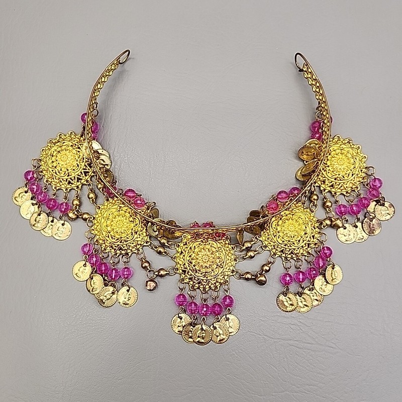 Belly Dancer Hair Cuff Headband Gold Tone Pink Bead Dangles Gypsy