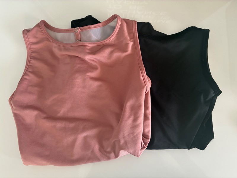 Peach Mariia leotard + Black Suffolk Leotard