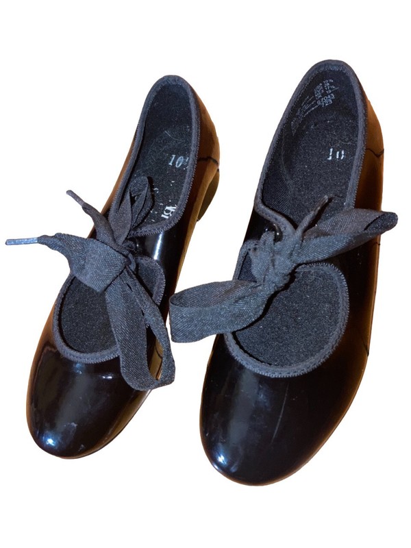 ABT American Ballet Theater Black Patent Leather Tap Shoes Sz 10.5 Ribbon Laces