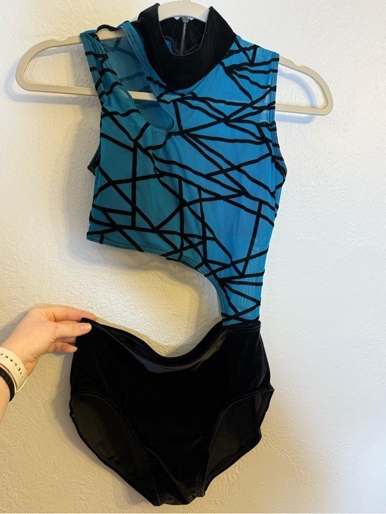 Weissman Dance Costume Blue Black Geometric Cutout Leotard Adult Small NEW