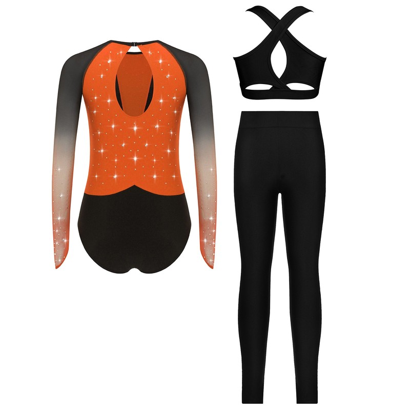 Girls Jumpsuit Cha-Cha Gymnastics Yoga Bodysuit Fitness 3-Piece Show Unitard