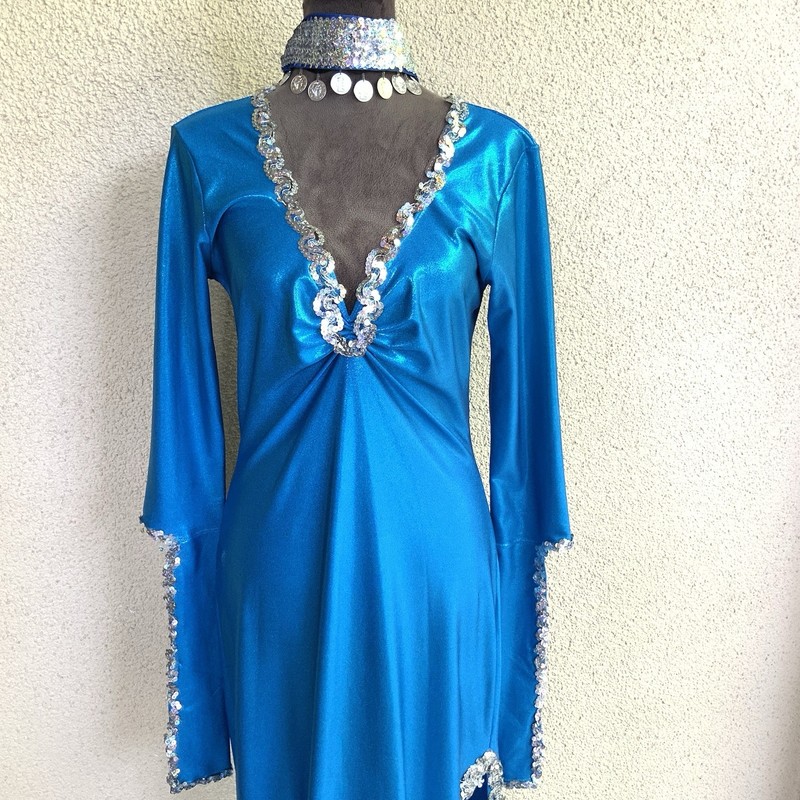 Belly Dance Costume Saidi Galabeya Dress Turquoise Silver Women’s S/M gallery