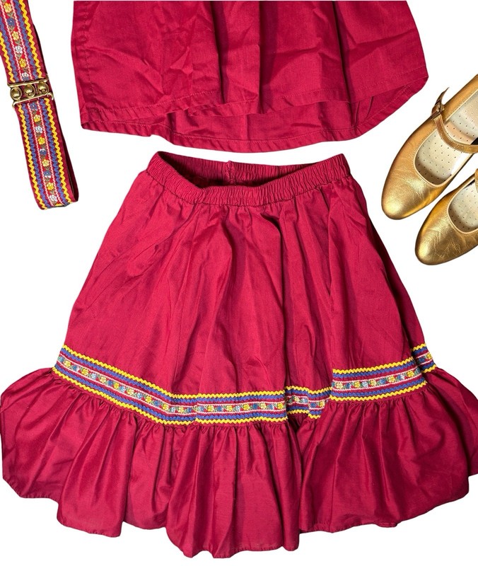 Vintage 70s Women’s Malco Modes Prairie Folk Peasant Skirt Set Belt Gold Shoes gallery