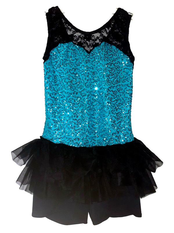 WEISSMAN Size CL L Dance Costume Turquoise Blue Black Sequins Jazz Tap
