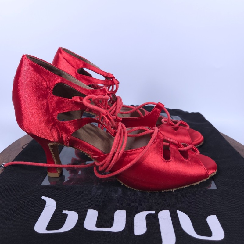 Burju Ballroom Dance Shoes Women’s 9 Alemana Red Satin Open Toe Lace Up Heels