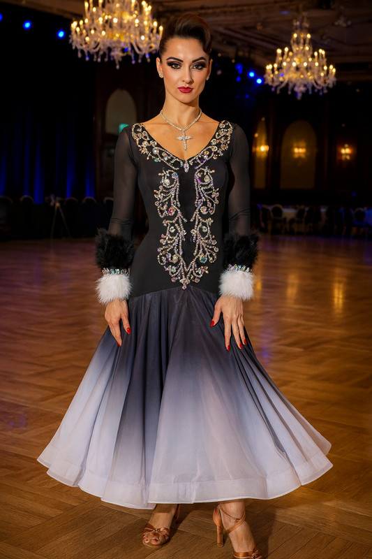 Elegant Black and White Ombré Chiffon Ballroom Smooth Dance Dress – AB Crystals