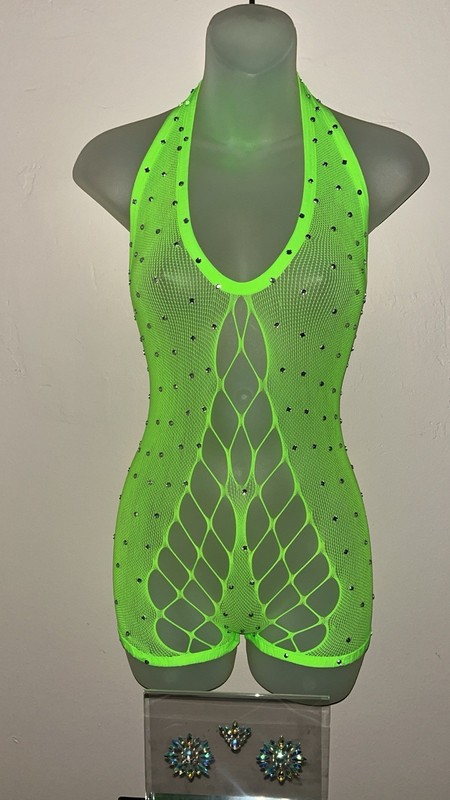 Exotic Dancewear: Neon green rhinestone halter jumpsuit suit & nipple pasties