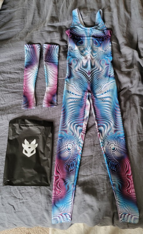 Badinka Mobius Trip Catsuit Jumpsuit Armwarmers Medium Psychedelic Festival Rave