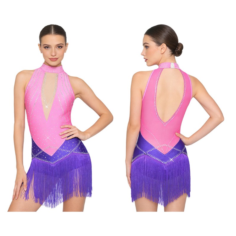 Women Dance Leotard Rhinestones Color Block Tassel Leotards Gymnastics Bodysuit