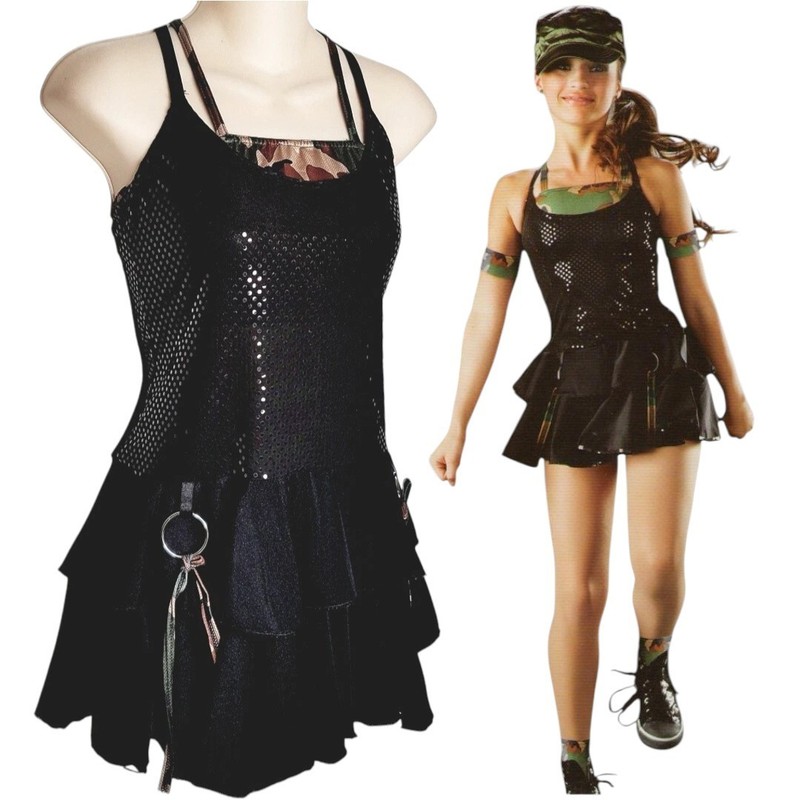 Rhythm Nation Adult Large Dance Costume Black Sequin & Camo Dress With Hat New