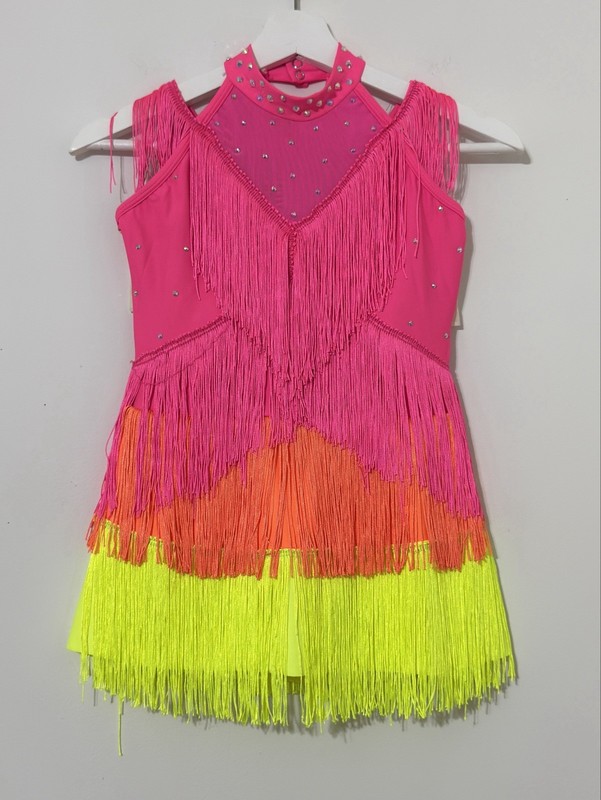 Revolution Girls Neon Multicolor Competition Dance Costume – Fringe, Size MC