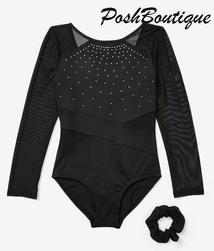 NWT JUSTICE Leotard Black Sparkle Long Sleeve Dance Gymnastic 7 10 12 14 18 PLUS