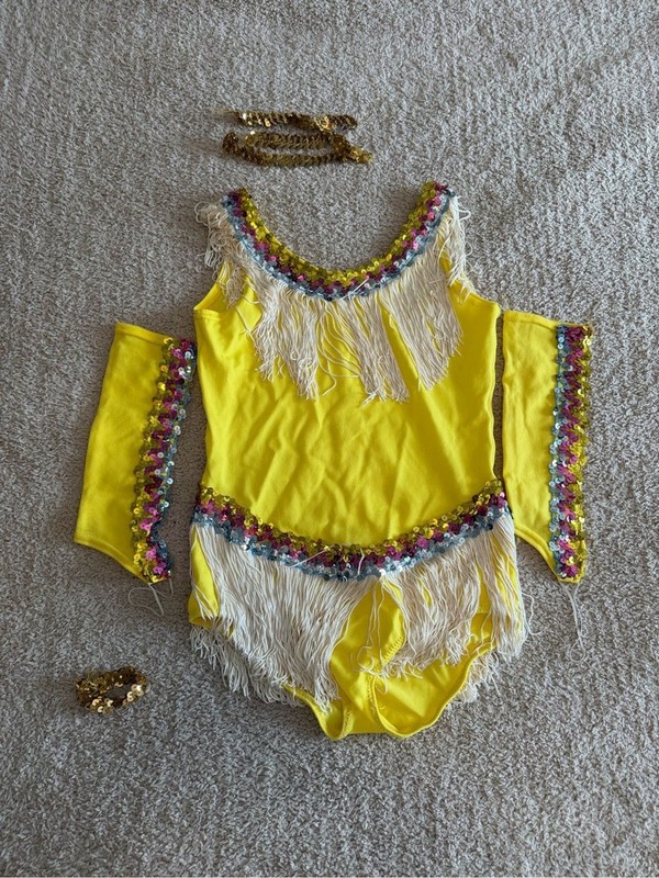Vintage Yellow Sequin Fringe Dance Costume Leotard Arm Sleeves Child Large