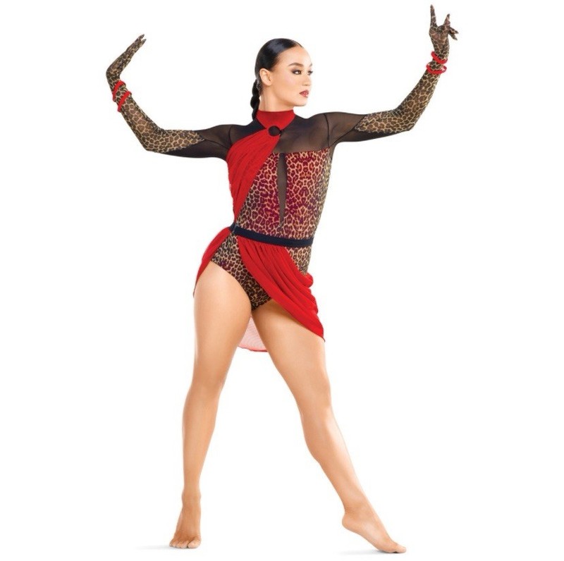 WEISSMAN Elite Dance Costume Red & Black Cheetah Top Skirt Large Adult Sheer Gil