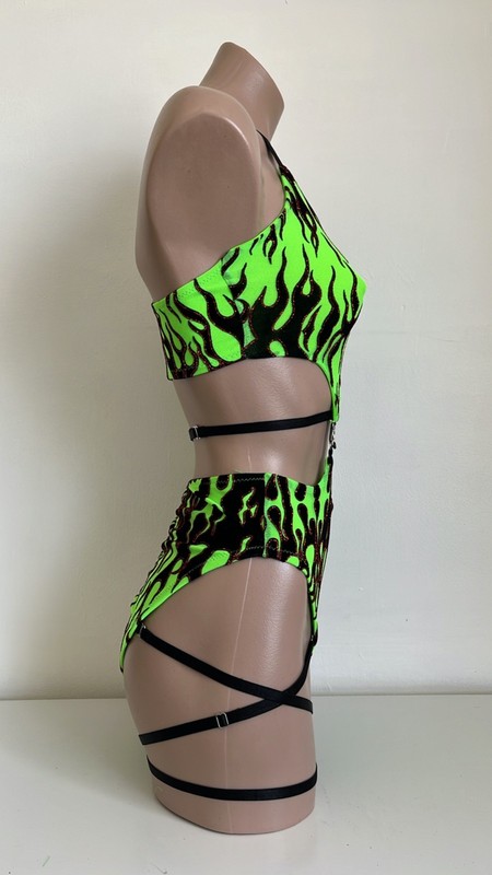 Schminke 🔥 Fire flames Baby Evils mesh dance set Pole wear high leg neon UV gallery