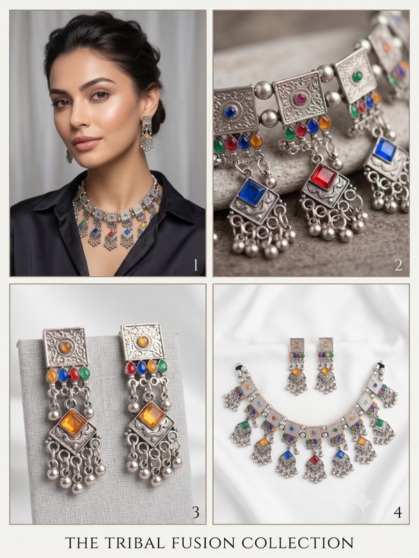 Handmade Indian Tribal Choker Set Oxidized Silver Multicolor Mirror Jewelry
