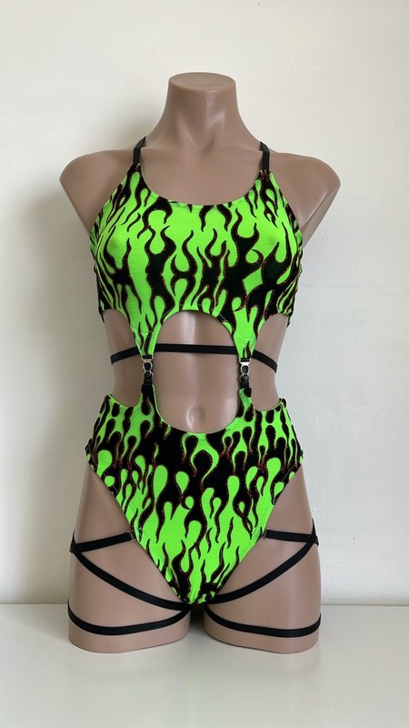 Schminke 🔥 Fire flames Baby Evils mesh dance set Pole wear high leg neon UV gallery
