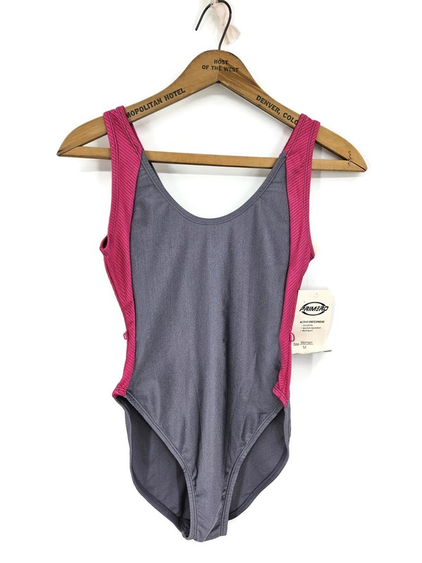 Vtg New 80s Primero by Marika Leotard Womens M Grey Pink Spandex Hi Cut