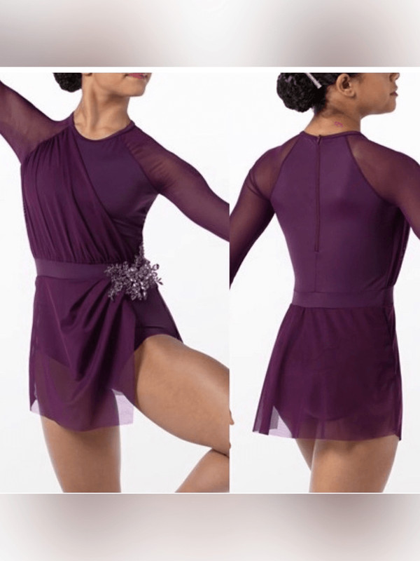 Weissman dance costume long sleeve mesh purple beaded Alone 13520 MA adult