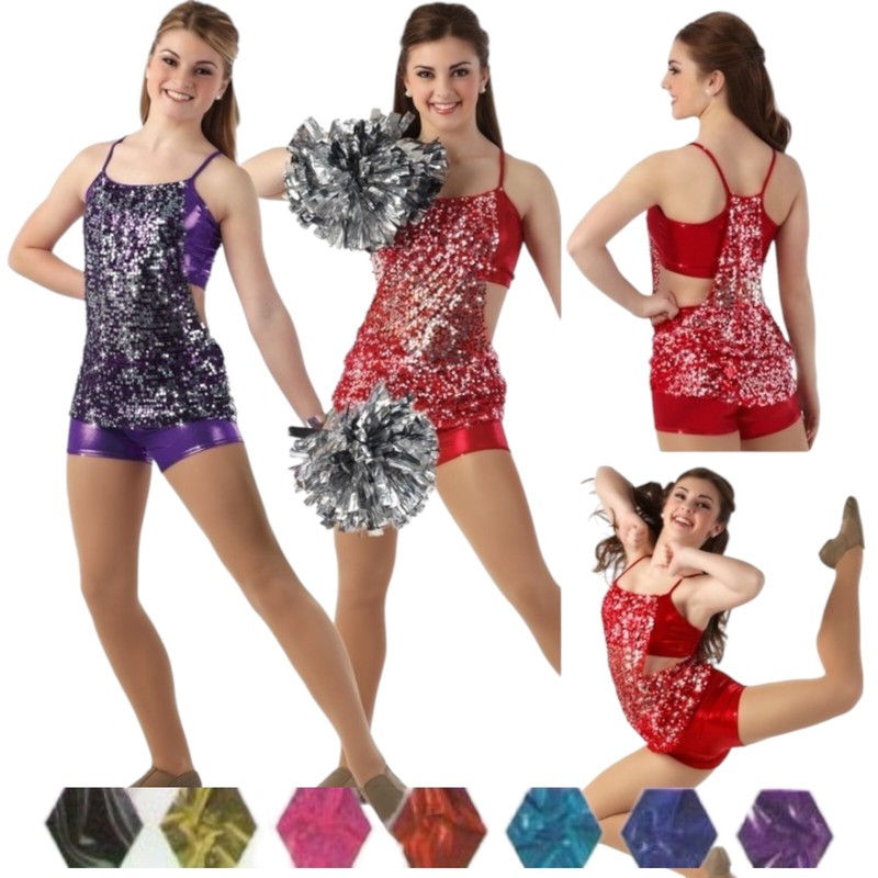 Hot Stuff BLACK Child Medium Dance Team Costume Foil & Sequin Top & Shorts New