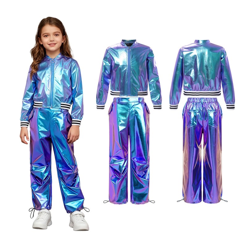 US YiZYiF Hip Hop Dance Boys Girls Metallic Zip Up Bomber Jacket +Wide-Leg Pants