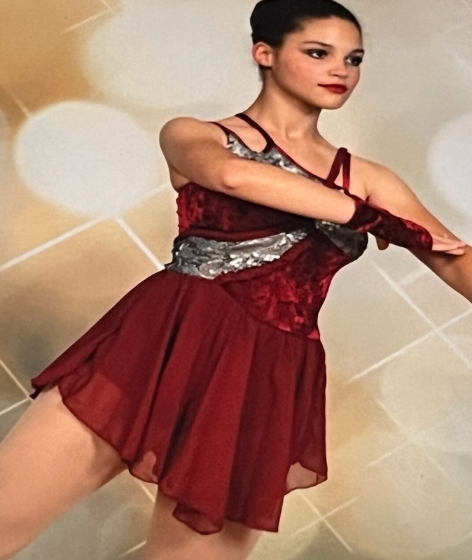 Revolution Dancewear 821 Burgundy Velvet Top w/Silver Sequins & Mesh Skirt – SA