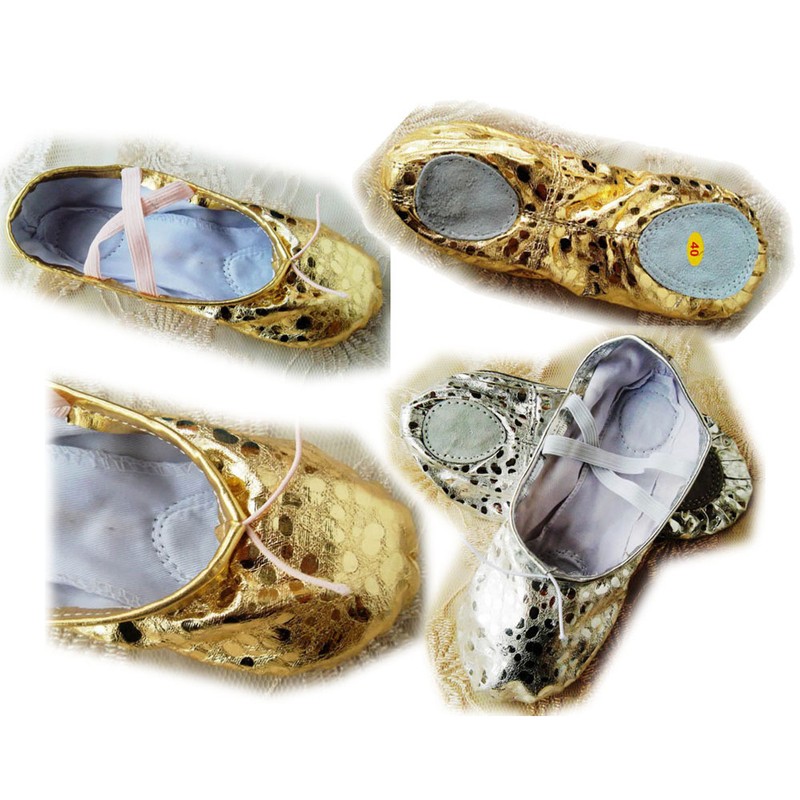 New Women Girl Gold/Silver Ballet Pointe Gymnastics Sequins Leather Dance Shoes gallery