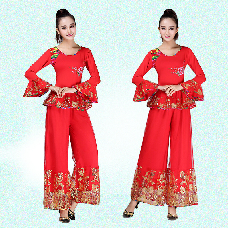 Women 2Pc Set Costume Suit Trumpet Sleeve Ladies Dance Performance Costumes