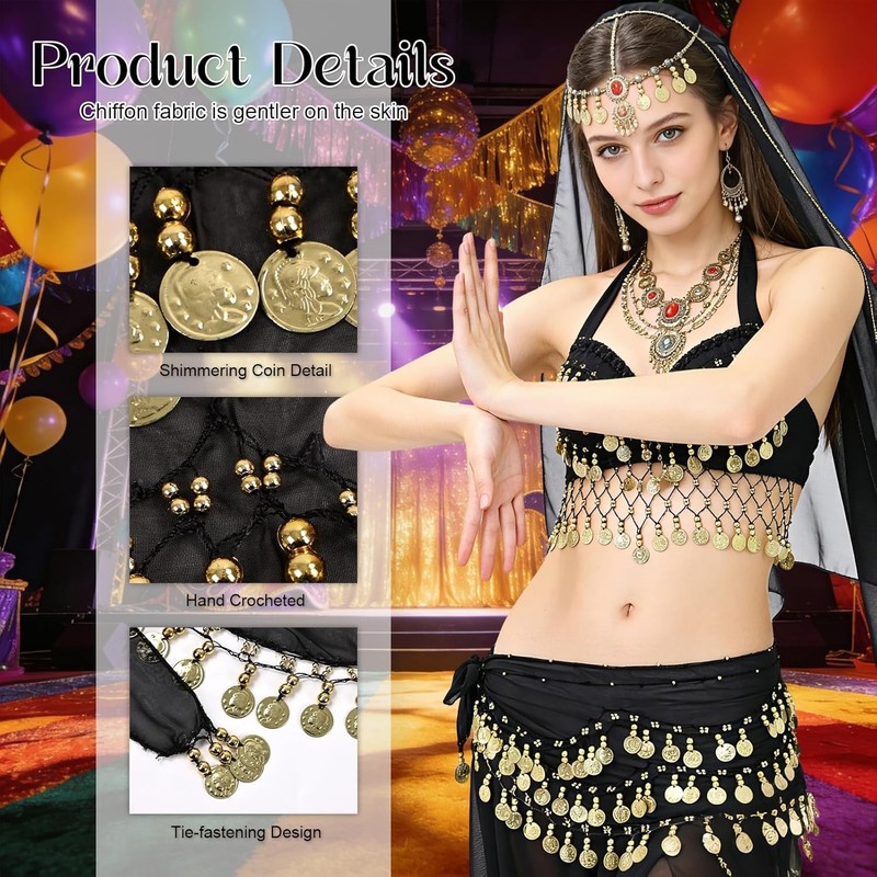 Women's Tie Waist Belly Dance Coin Skirt Wrap 128 Coins Belly Dance Costume gallery